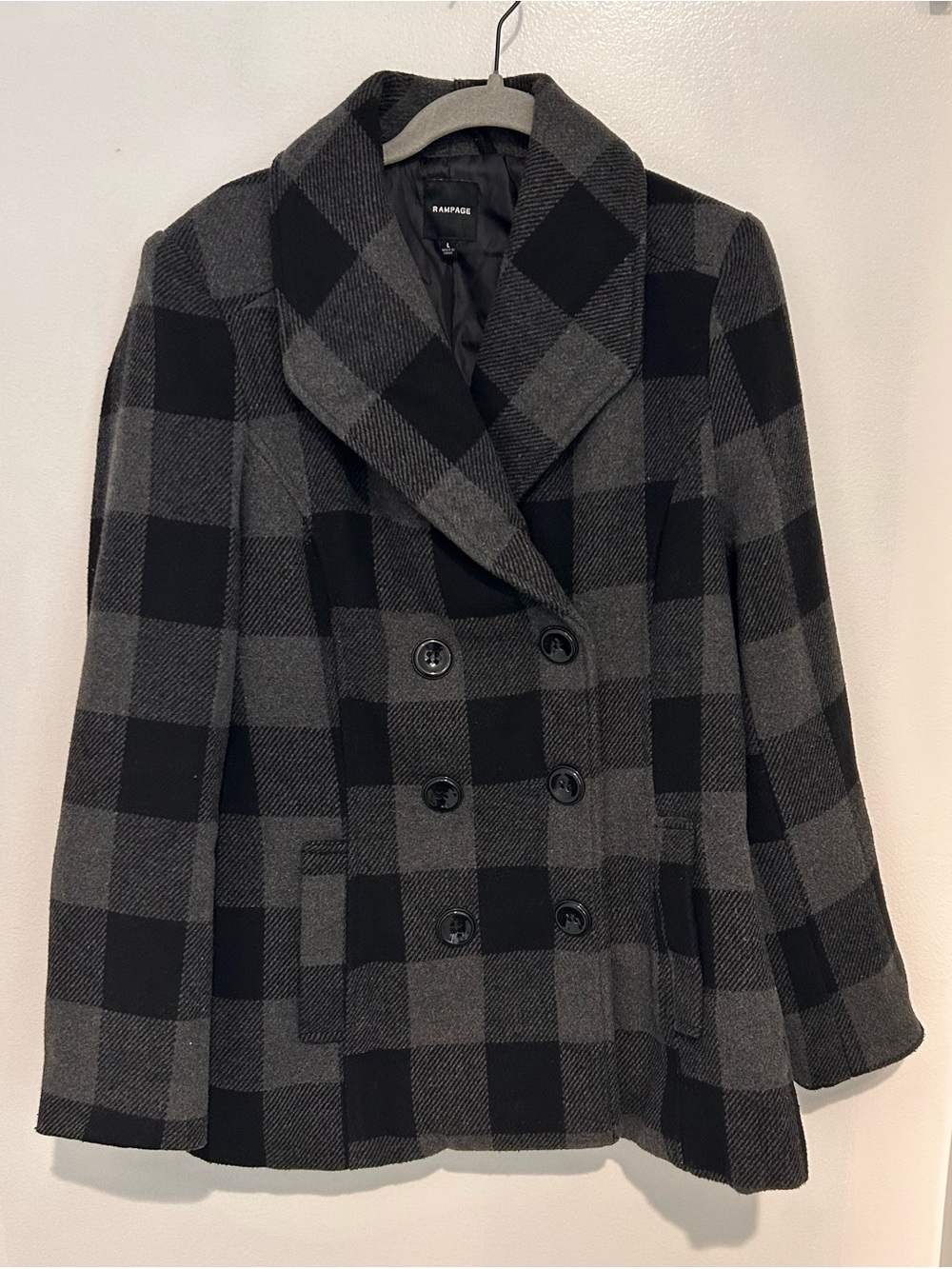 Rampage Black and Gray Plaid Double-Breasted Peacoat